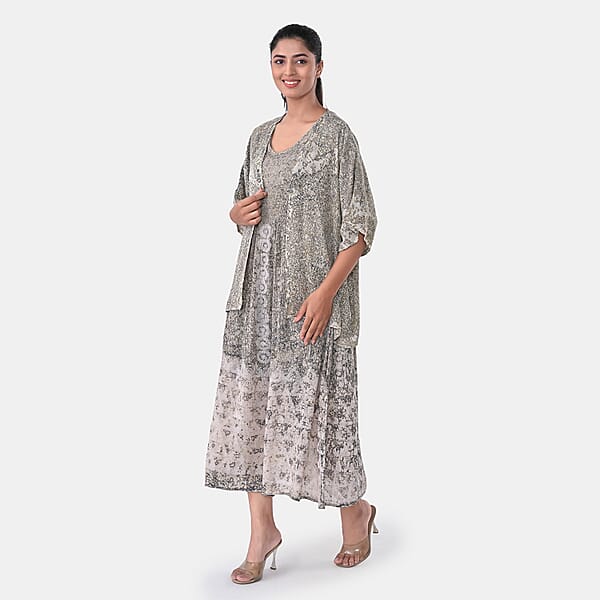 TAMSY Tan Smocked Sleeveless Dress With Kimono Twinset - One Size Fits Most