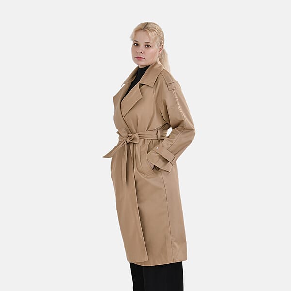 Tamsy Tan Water Resistant Trench Coat With Waist Belt And Pockets – S