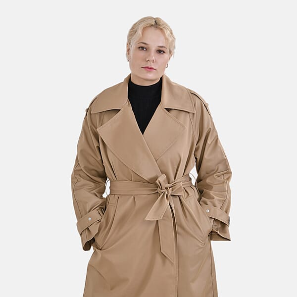 Tamsy Tan Water Resistant Trench Coat With Waist Belt And Pockets – S