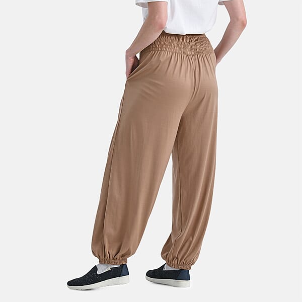 Tamsy Taupe Knit Smocked Waist Haram Pants With Elastic Ankles - One Size Fits Most