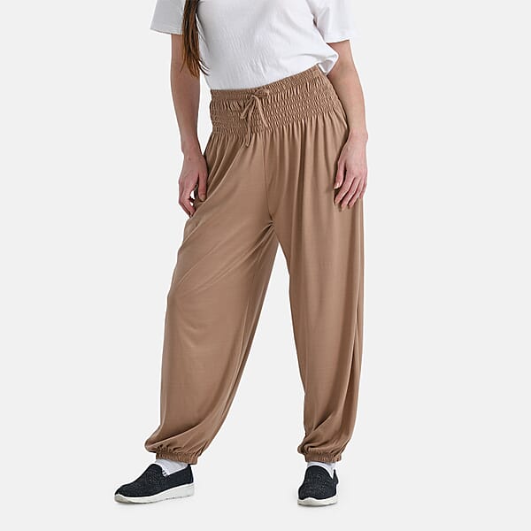 Tamsy Taupe Knit Smocked Waist Haram Pants With Elastic Ankles - One Size Fits Most