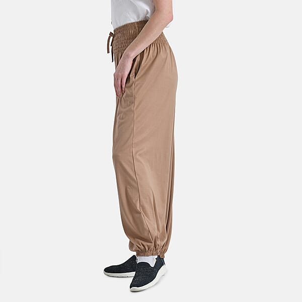 Tamsy Taupe Knit Smocked Waist Haram Pants With Elastic Ankles - One Size Fits Most