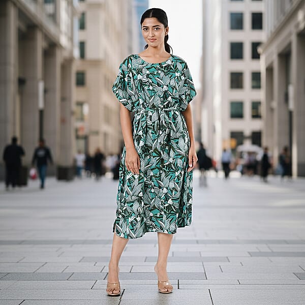Tamsy Teal Floral Polyester Crepe Kaftan Dress With Belt - One Size Fits Most