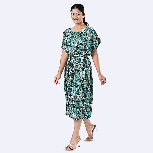 Tamsy Teal Floral Polyester Crepe Kaftan Dress With Belt - One Size Fits Most