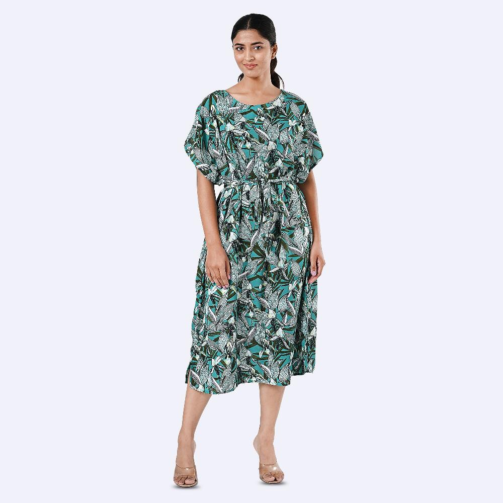 Tamsy Teal Floral Polyester Crepe Kaftan Dress with Belt - One Size Fits Most
