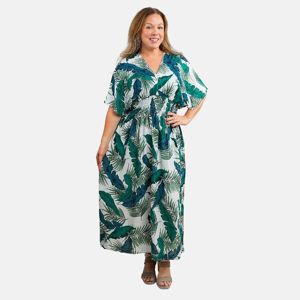TAMSY Teal Tropical Smocked Waist Kaftan Sleeve Midi Dress - One Size Fits Most