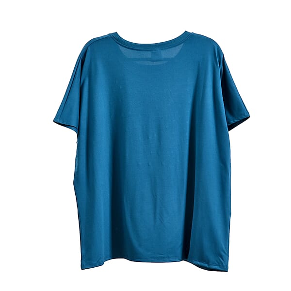 Tamsy Turquoise Blue Wave Bat Wing Polyester Short Sleeve Shirt - One Size Fits Up To XLarge