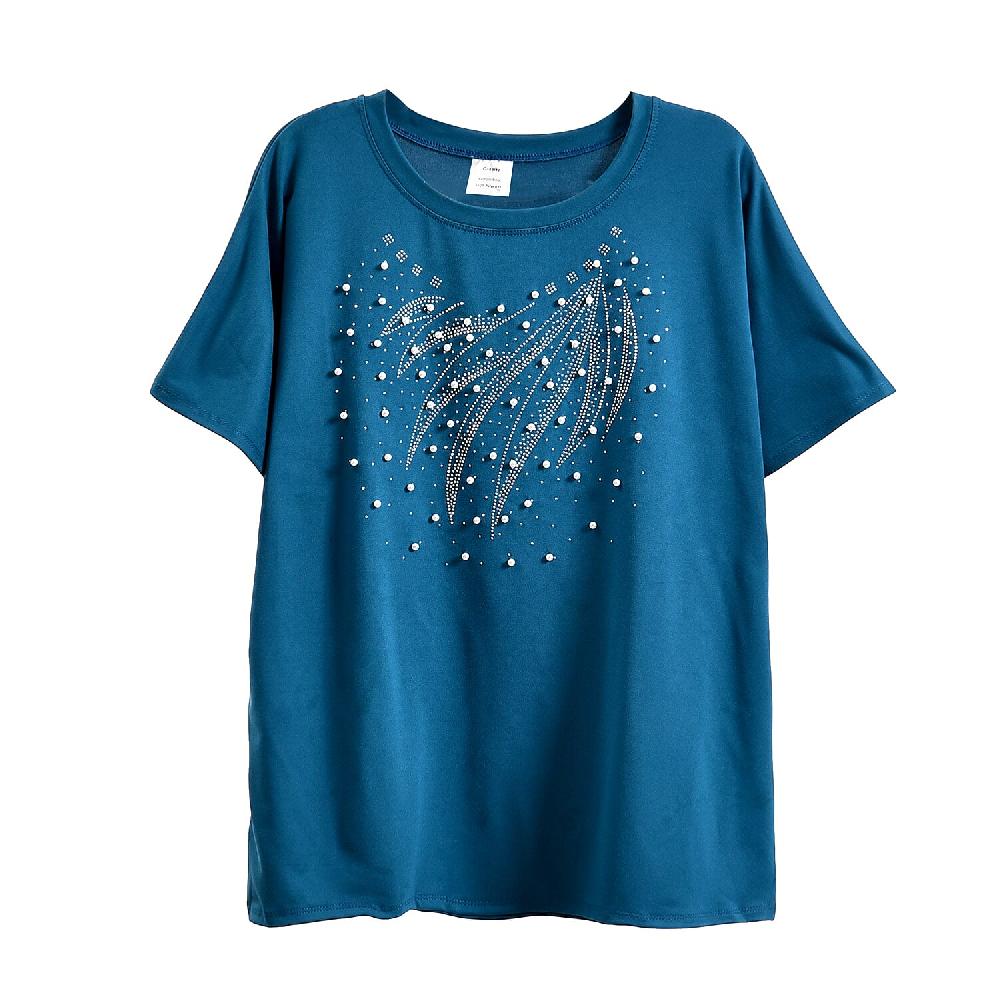 Tamsy Turquoise Blue Wave Bat Wing Polyester Short Sleeve Shirt - One Size Fits Up to XLarge