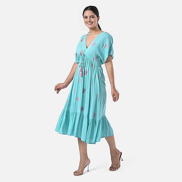 Tamsy Turquoise Summer Beach Midi Dress With Sequin Embroidery - One Size Fits Most