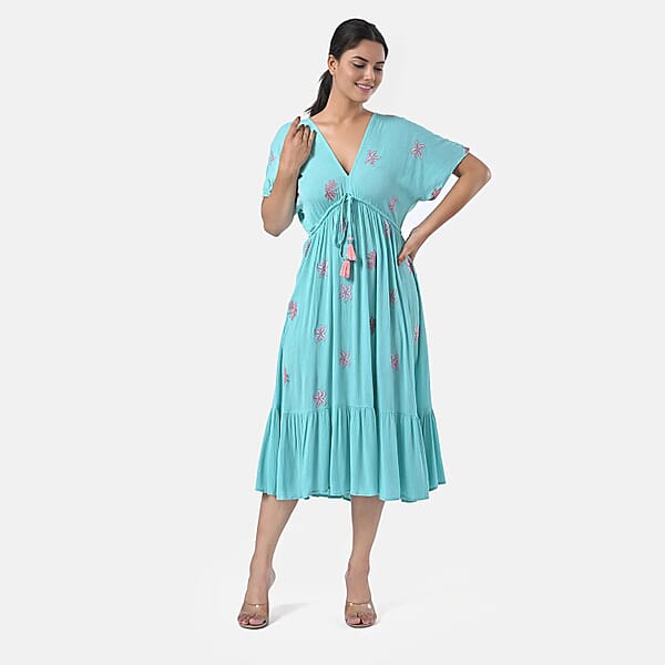 Tamsy Turquoise Summer Beach Midi Dress With Sequin Embroidery - One Size Fits Most