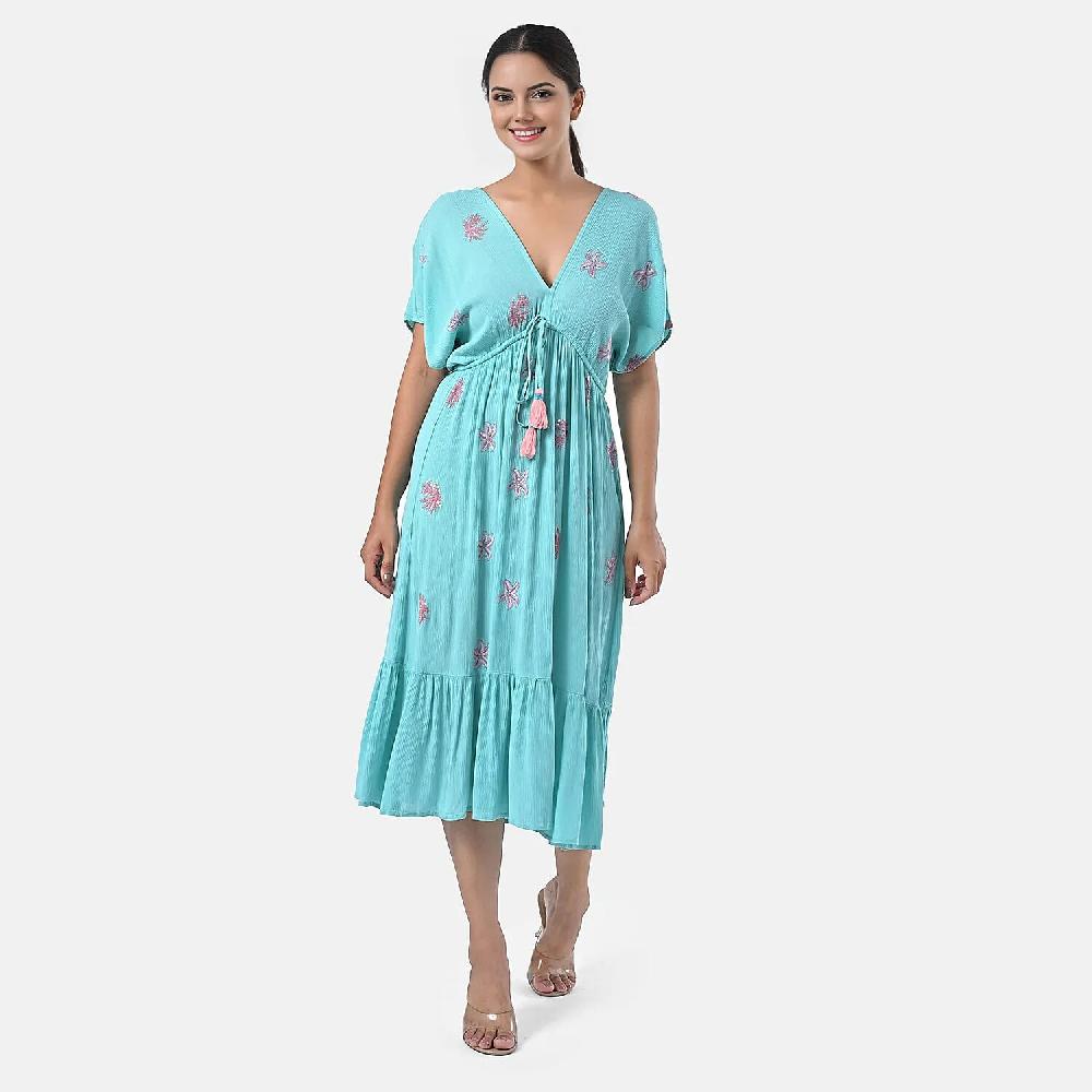 Tamsy Turquoise Summer Beach Midi Dress with Sequin Embroidery - One Size Fits Most