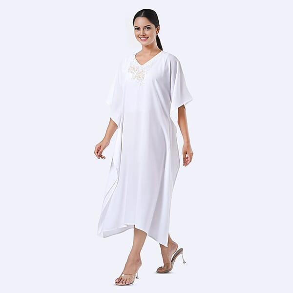 Tamsy White Bead And Crystal Polyester Crepe Kaftan - One Size Fits Most