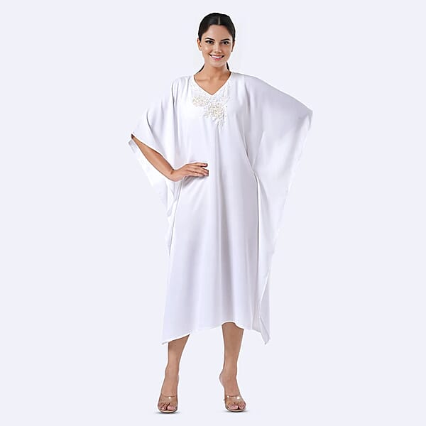 Tamsy White Bead And Crystal Polyester Crepe Kaftan - One Size Fits Most