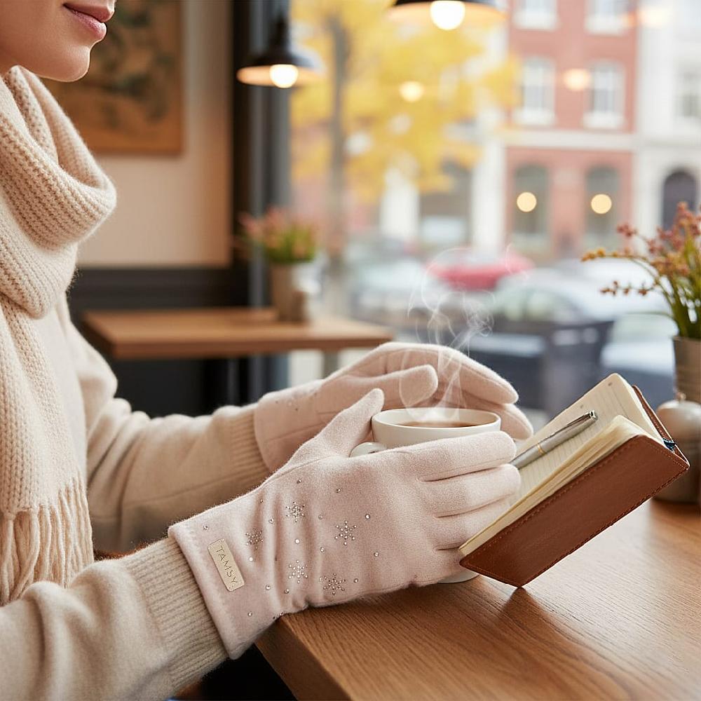 Tamsy White Cashmere Wool Gloves With 2 Fingers Screen Touch