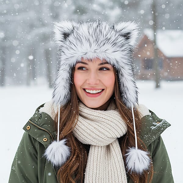 Tamsy White Hat With Bicolor Long Fur And Ears Decoration