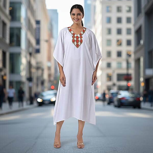 Tamsy White Orange Bead And Crystal Polyester Crepe Kaftan - One Size Fits Most