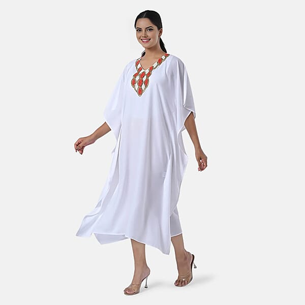 Tamsy White Orange Bead And Crystal Polyester Crepe Kaftan - One Size Fits Most