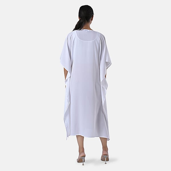 Tamsy White Orange Bead And Crystal Polyester Crepe Kaftan - One Size Fits Most