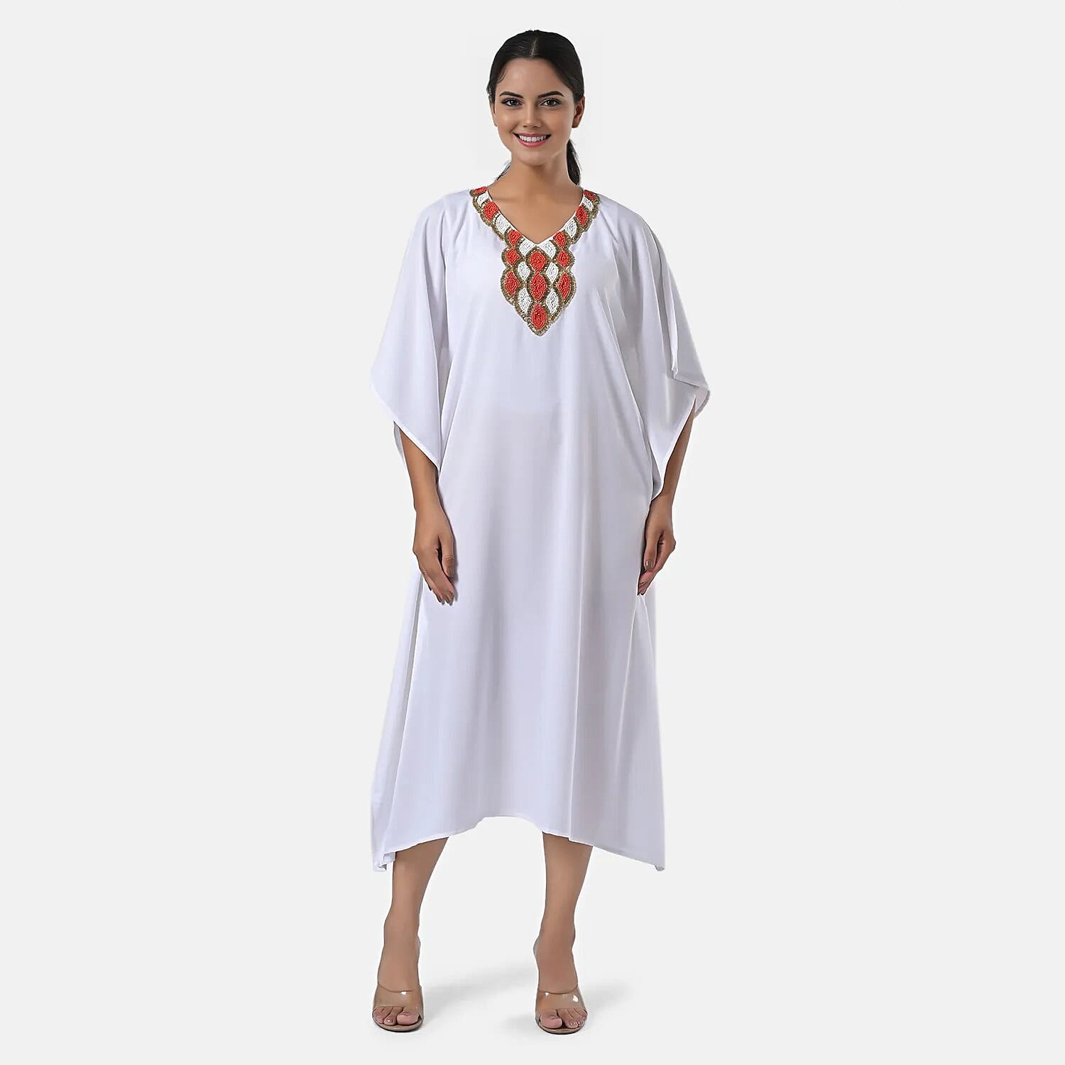 Tamsy White Orange Bead and Crystal Polyester Crepe Kaftan - One Size Fits Most