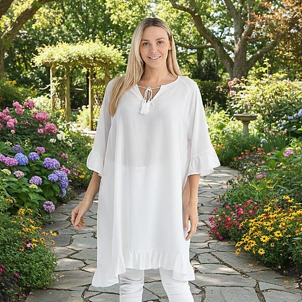 Tamsy White Ruffle Hem Blouse With Tassel Neck Tie - One Size Fits Most