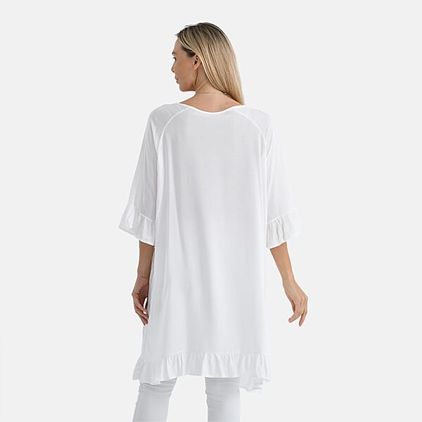 Tamsy White Ruffle Hem Blouse With Tassel Neck Tie - One Size Fits Most