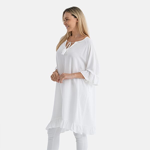 Tamsy White Ruffle Hem Blouse With Tassel Neck Tie - One Size Fits Most