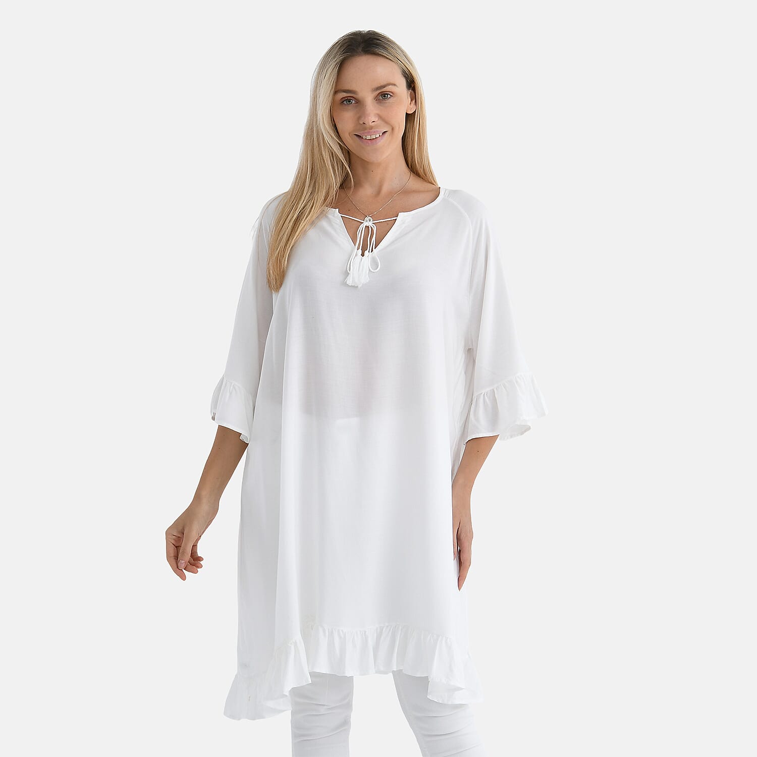 Tamsy White Ruffle Hem Blouse with Tassel Neck Tie - One Size Fits Most