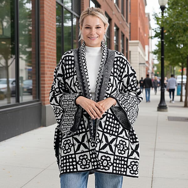 TAMSY White Tile Double Knit Jacquard Cardigan With Shawl Collar - One Size Fits Most