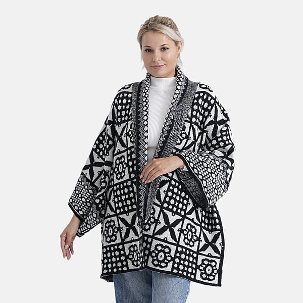 TAMSY White Tile Double Knit Jacquard Cardigan With Shawl Collar - One Size Fits Most