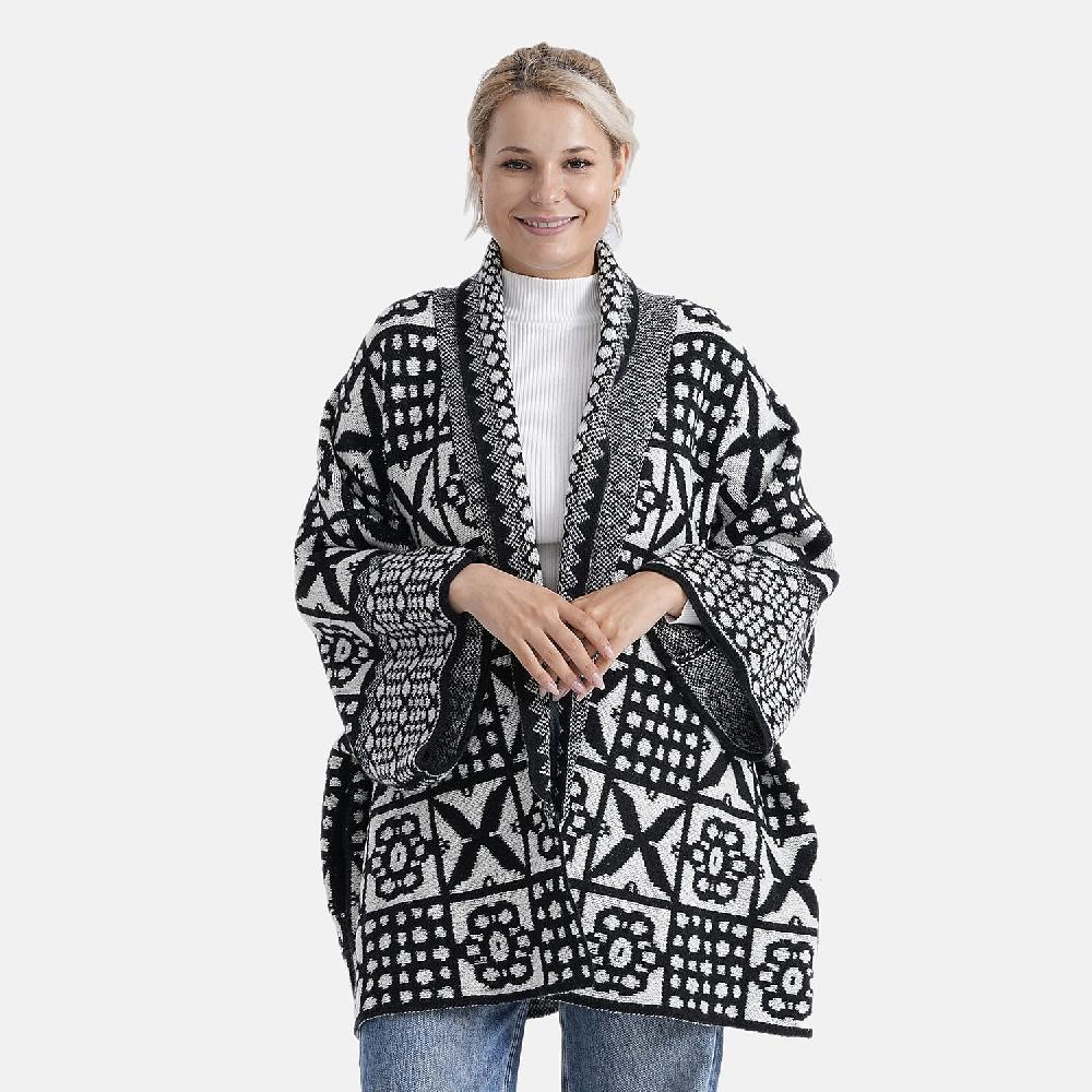 TAMSY White Tile Double Knit Jacquard Cardigan with Shawl Collar - One Size Fits Most