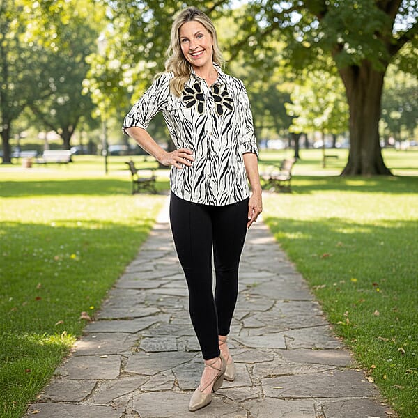 Tamsy White Zebra Crystal Leaf Button-Up Collared Blouse – S/M
