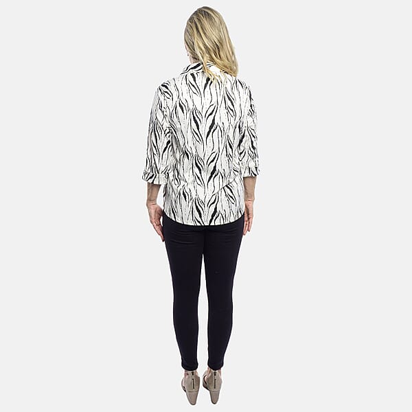 Tamsy White Zebra Crystal Leaf Button-Up Collared Blouse – S/M