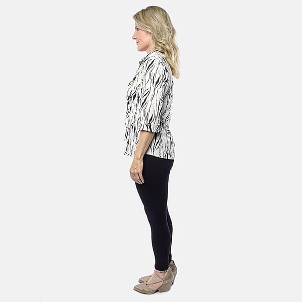 Tamsy White Zebra Crystal Leaf Button-Up Collared Blouse – S/M