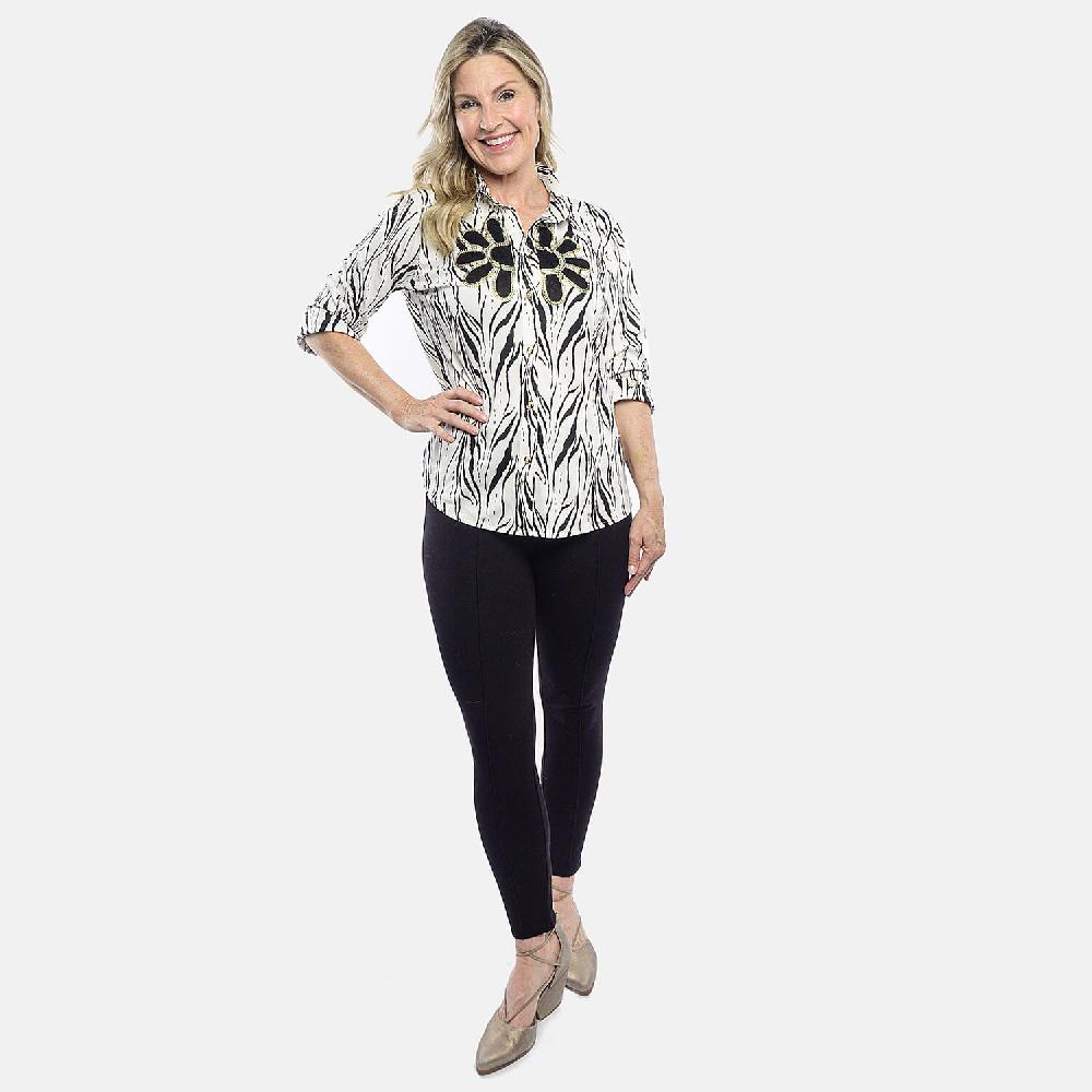 Tamsy White Zebra Crystal Leaf Button-Up Collared Blouse – S/M