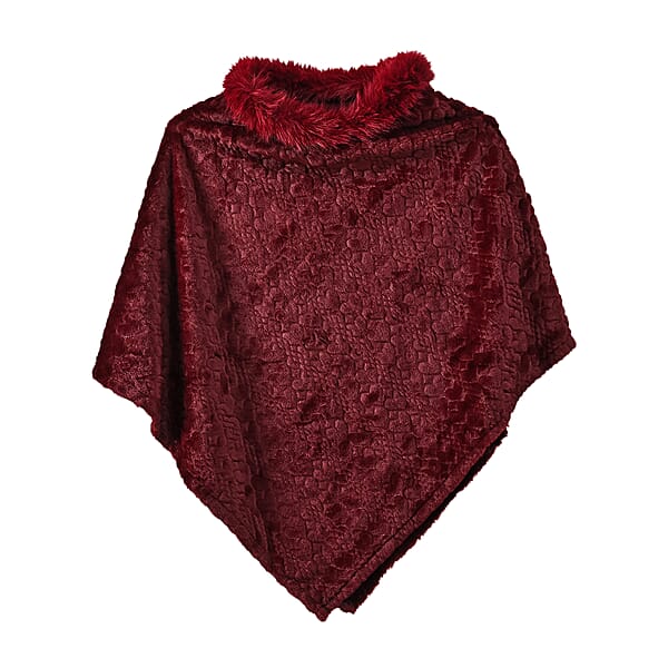 TAMSY Wine Jacquard Poncho With Fur Collar – One Size Fits Most