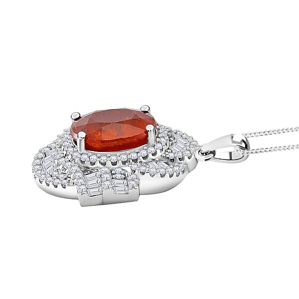 Tangerine Kyanite And Moissanite 5.00 Ctw Swirl Halo Pendant Necklace In Rhodium Over Sterling Silver 20 Inches