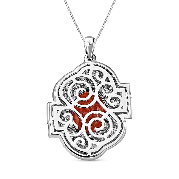 Tangerine Kyanite And Moissanite 5.00 Ctw Swirl Halo Pendant Necklace In Rhodium Over Sterling Silver 20 Inches