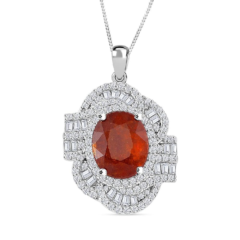 Tangerine Kyanite and Moissanite 5.00 ctw Swirl Halo Pendant Necklace in Rhodium Over Sterling Silver 20 Inches