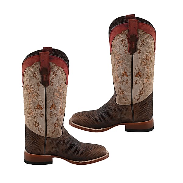 Tanner Mark Multicolor Floral Stitch Python Print Toe Boot - Size 6 Leather Boots Biker Boots Square Toe Cowboy Boots Heel Boots