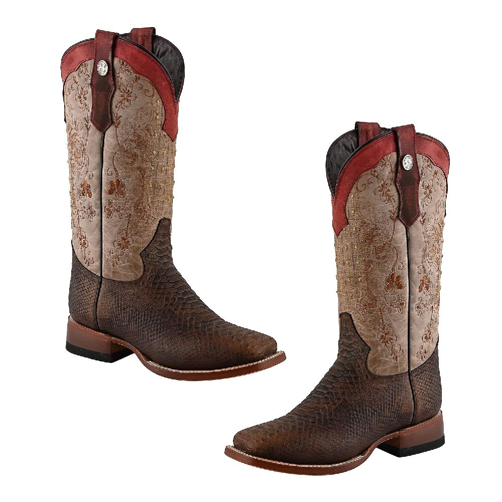 Tanner Mark Multicolor Floral Stitch Python Print Toe Boot - Size 6 Leather Boots Biker Boots Square Toe Cowboy Boots Heel Boots