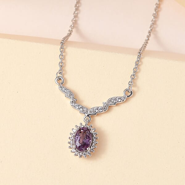 Tanzanian Lavender Spinel And White Zircon 1.15 Ctw Sunburst Necklace 18-20 Inches In Platinum Over Sterling Silver