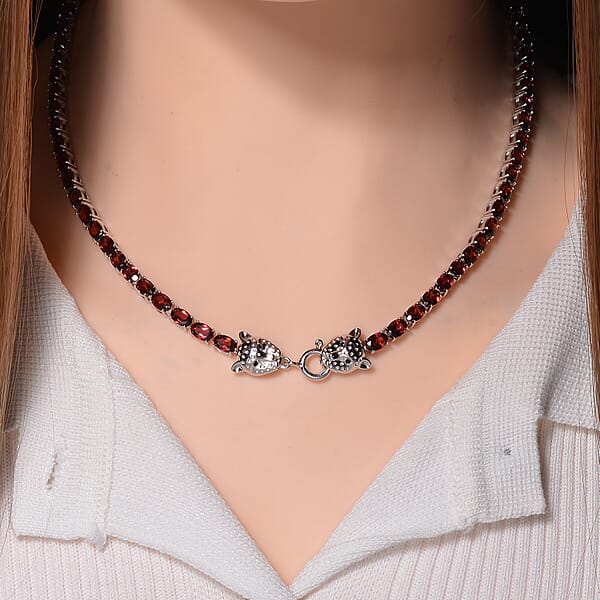 Tanzanian Wine Garnet And Thai Black Spinel 32.80 Ctw Double Leopard Head Necklace In Rhodium Over Sterling Silver 18 Inches