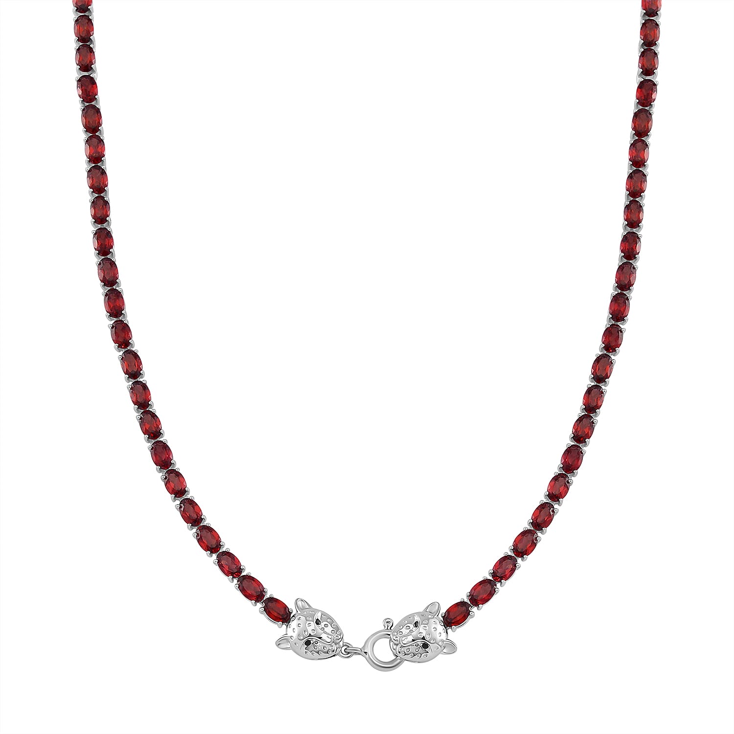 Tanzanian Wine Garnet and Thai Black Spinel 32.80 ctw Double Leopard Head Necklace in Rhodium Over Sterling Silver 18 Inches