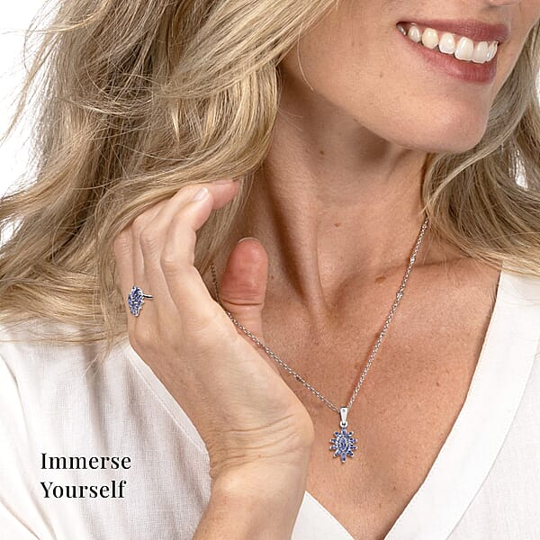 Tanzanite 2.10 Ctw Flower Jewelry Set In Platinum Plated Sterling Silver Tanzanite Flower Ring Tanzanite Flower Pendant Without Chain Engagement Gifts For Women