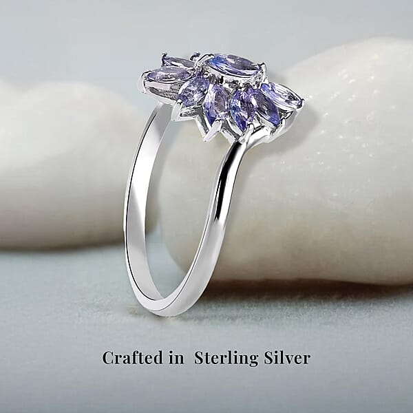 Tanzanite 2.10 Ctw Flower Jewelry Set In Platinum Plated Sterling Silver Tanzanite Flower Ring Tanzanite Flower Pendant Without Chain Engagement Gifts For Women