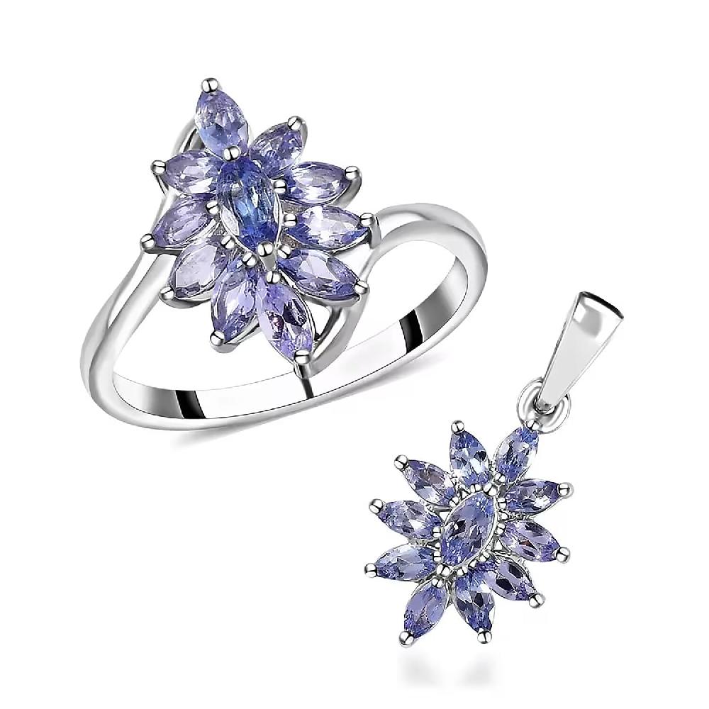 Tanzanite 2.10 ctw Flower Jewelry Set in Platinum Plated Sterling Silver Tanzanite Flower Ring Tanzanite Flower Pendant without Chain Engagement Gifts For Women