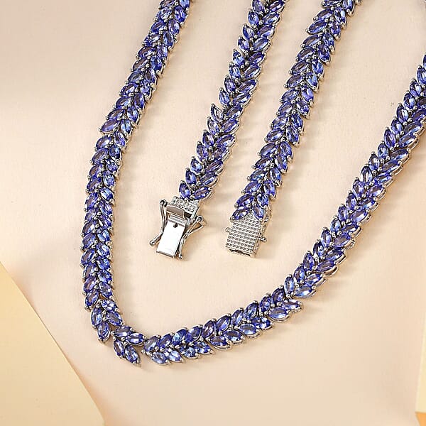 Tanzanite 2 Row Necklace 18 Inches In Platinum Over Sterling Silver 37.10 Ctw