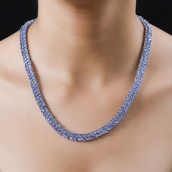 Tanzanite 2 Row Necklace 18 Inches In Platinum Over Sterling Silver 37.10 Ctw