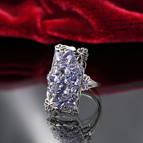 Tanzanite 4.85 Ctw Art Deco Ring In Rhodium Over Sterling Silver