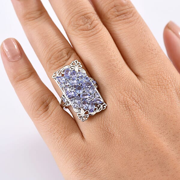 Tanzanite 4.85 Ctw Art Deco Ring In Rhodium Over Sterling Silver